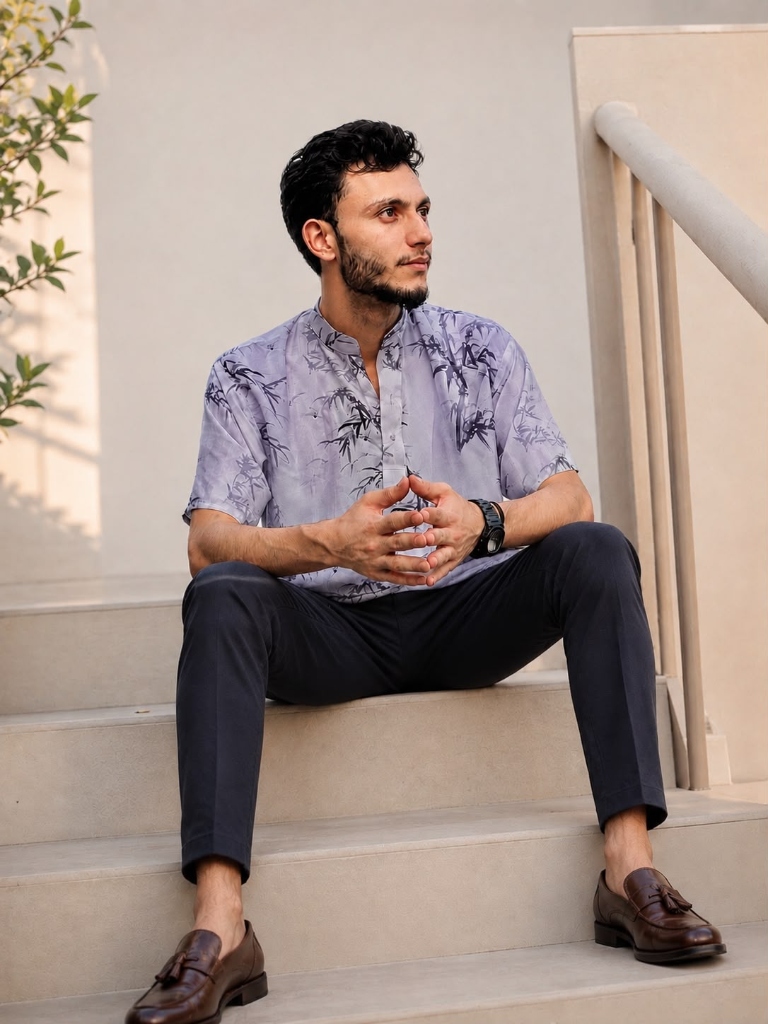 Bamboo Print Mandarin Silk Shirt (Single Shirt)