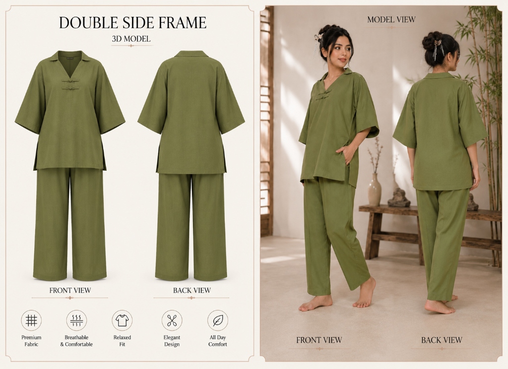 Olive Green Mandarin Silk Set (2-Piece)